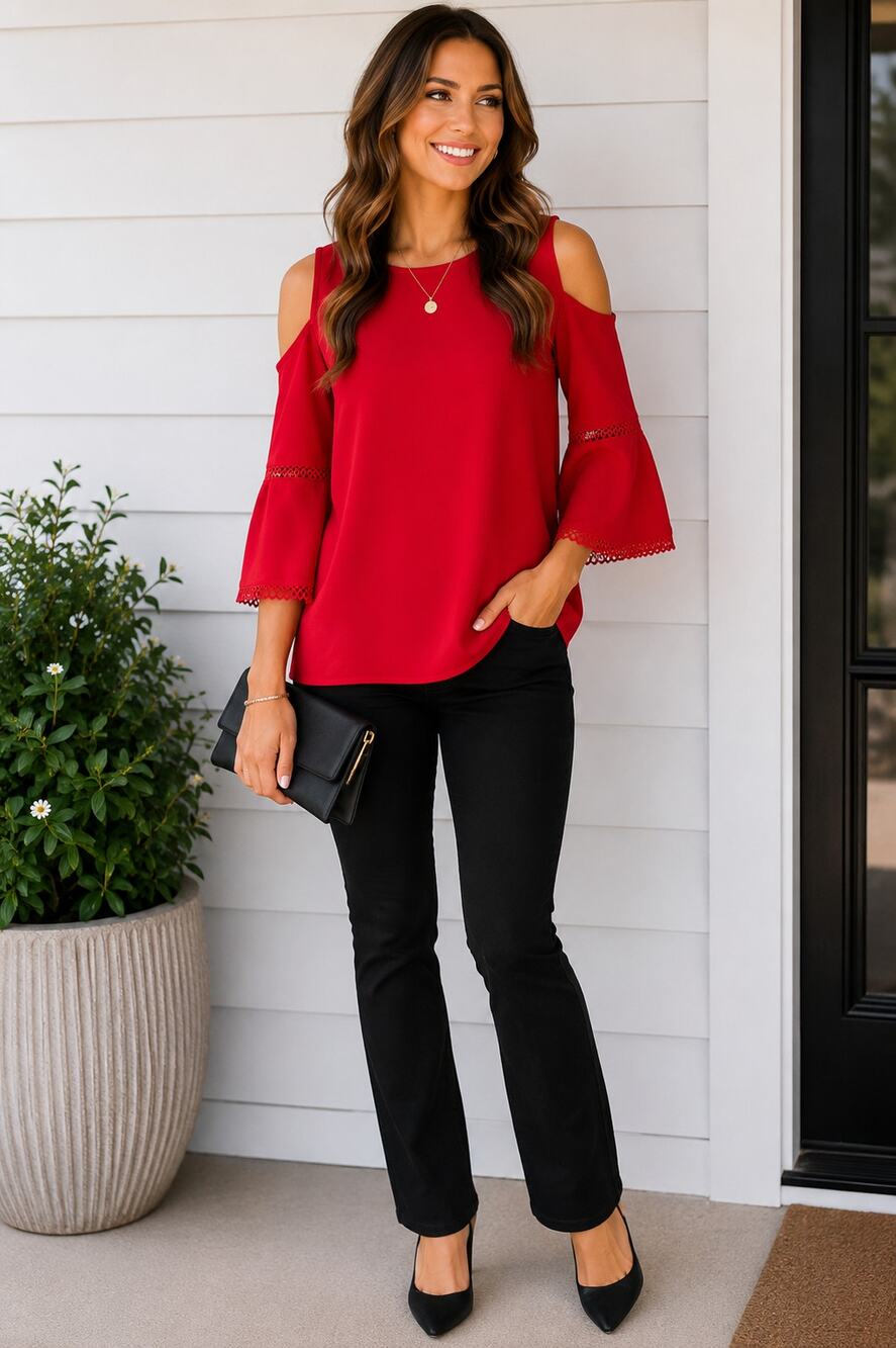Ann Taylor Red Cold Shoulder Bell Sleeve Blouse Crochet Trim Top L